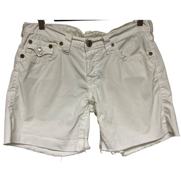 True Religion Women's Jayde White Cut-Off Shorts Size 28 Button Fly Flap Pocket - Picture 1 of 12